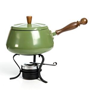 Vintage 1970s MCM Green Fondue Pot with  Base Avocado Green